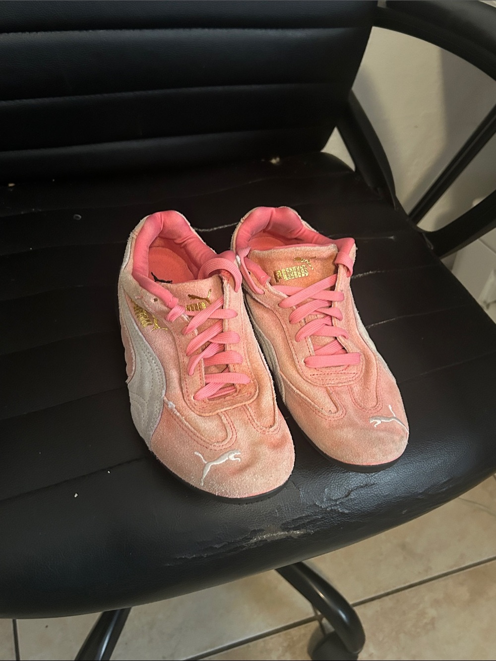 Puma Pink Suede Low-Top Sneakers with Gold Accents